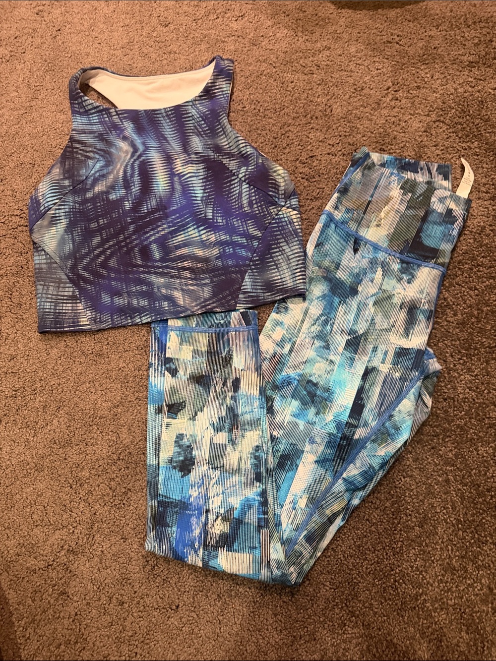 Blue Abstract Print Workout Set - Cropped Tank + Leggings